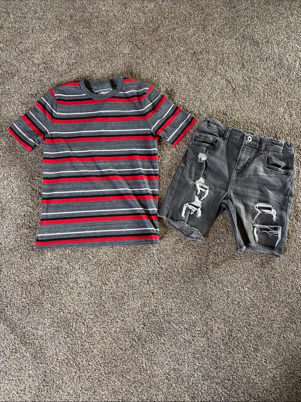 Boys Gray Shorts and Gray & Red Striped Short Sleeve Tee Size 8